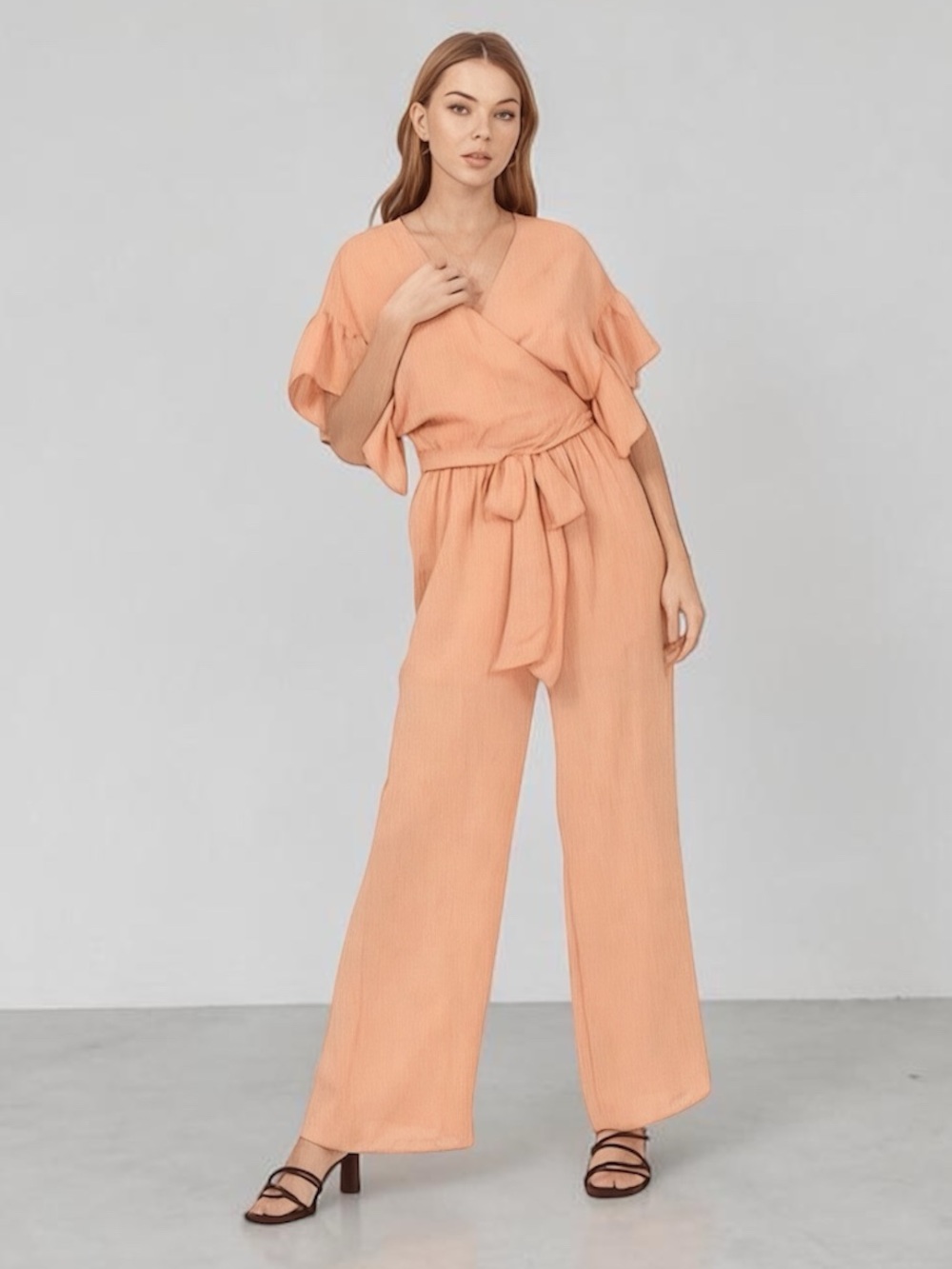 HYFVE Peach Wrap Tie Front Wide Leg Jumpsuit Size S